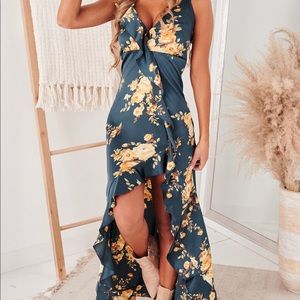 Navy & yellow floral high low silk dress. Size medium